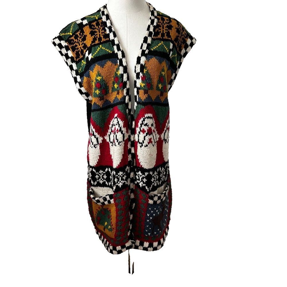 Martha Abraham Santa Motif Folk Art‎ Christmas Ramie Cotton Vest Women's Large